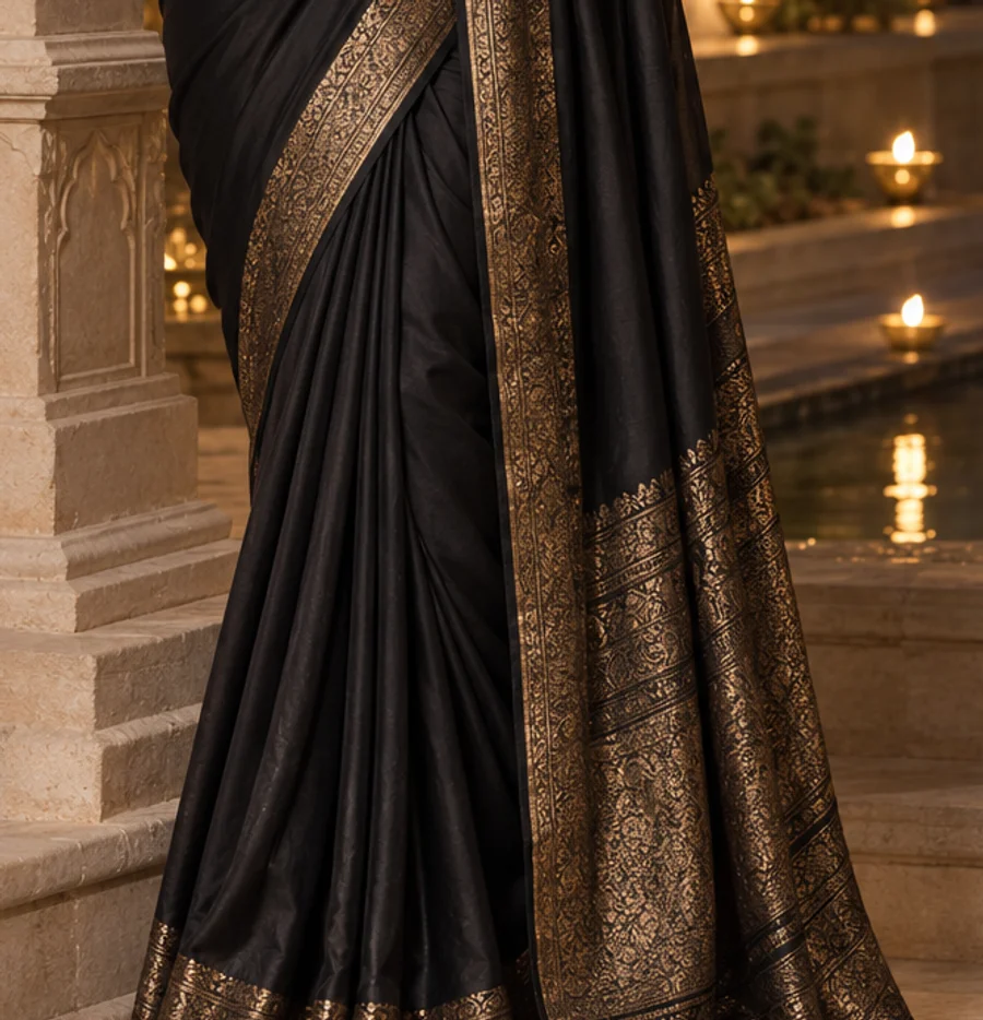Black & Gold Evening Saree textile detail