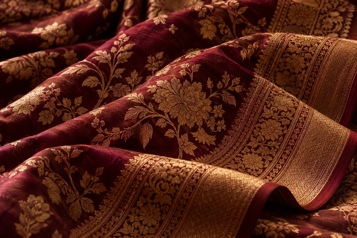 Macro photograph of gold zari woven into wine silk