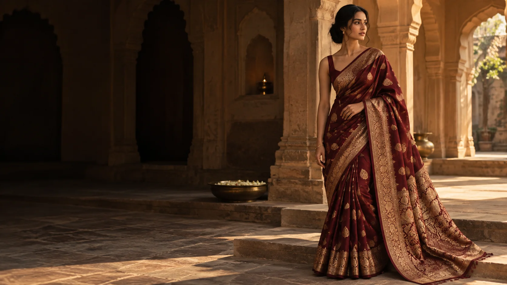 Original fictional adult model wearing wine Banarasi silk in a sandstone courtyard