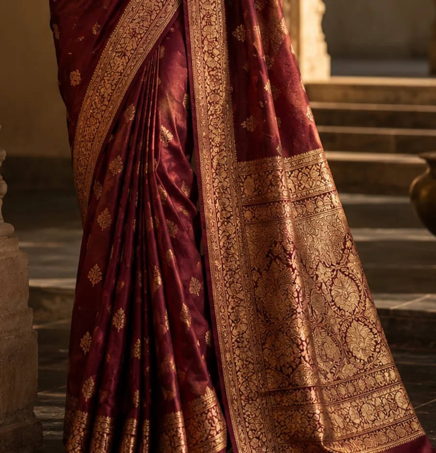 Royal Wine Banarasi Silk Saree textile detail
