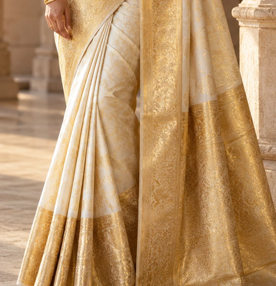 Ivory Gold Kanjivaram Saree textile detail