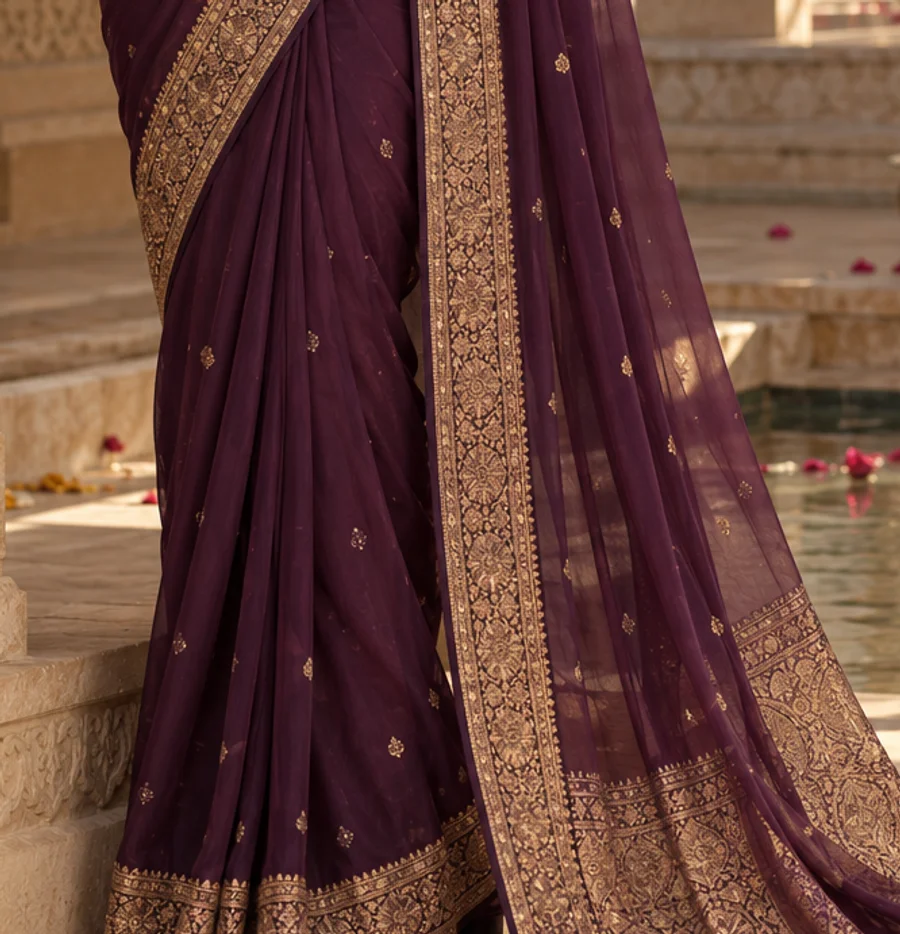 Plum Zari Georgette Saree textile detail
